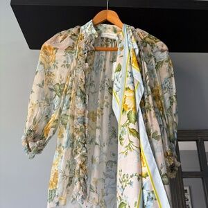 NWT Zimmermann Lucky Tuxedo Frill Blouse in the Sky Floral colorway